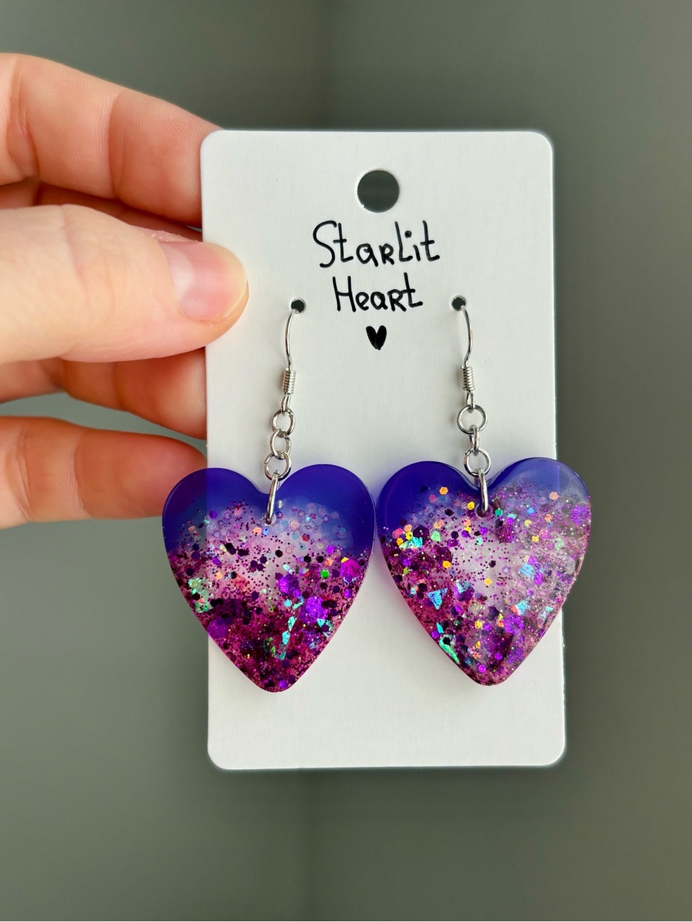 Starlit Heart Resin Heart Earrings Handmade Purple Pink Glitter Galaxy